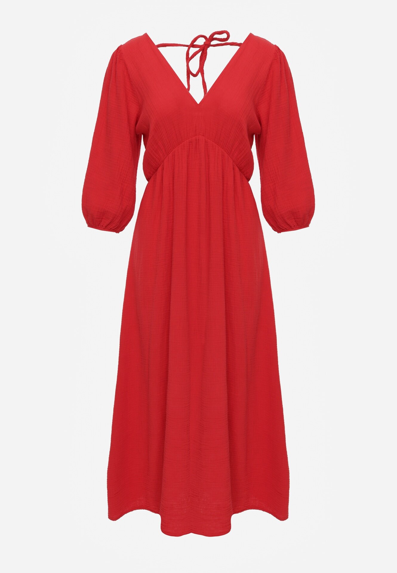 jumelle Rochie Roșie din Bumbac Decorată cu Legătură și Elastic în Talie Wlarina