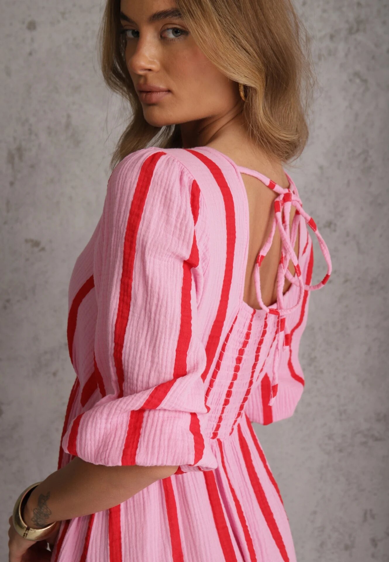 jumelle Rochie Roz-Portocalie Din Bumbac Cu Dungi Croi Evazat Legelia