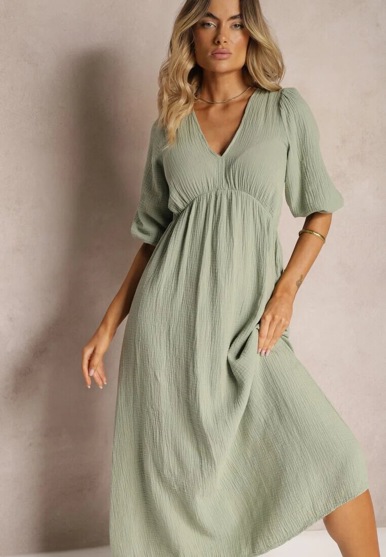 jumelle Rochie Verde închis din bumbac Decorată cu legătură și cu elastic în talie Wlarina