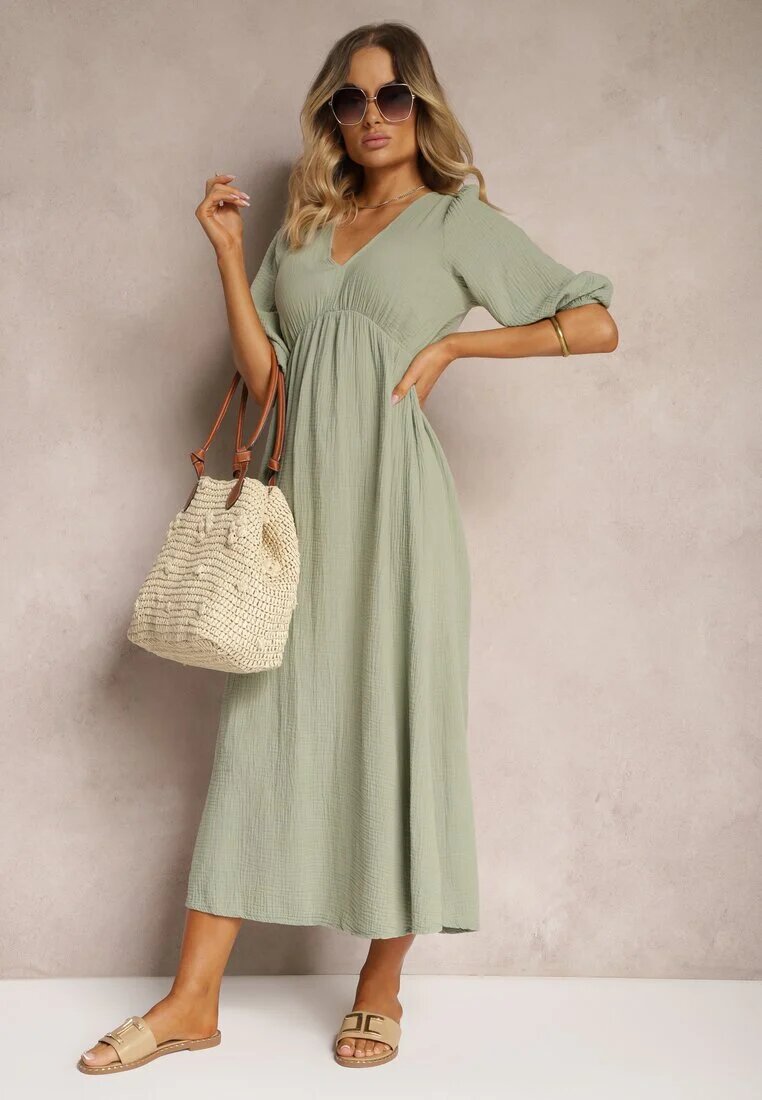 jumelle Rochie Verde închis din bumbac Decorată cu legătură și cu elastic în talie Wlarina