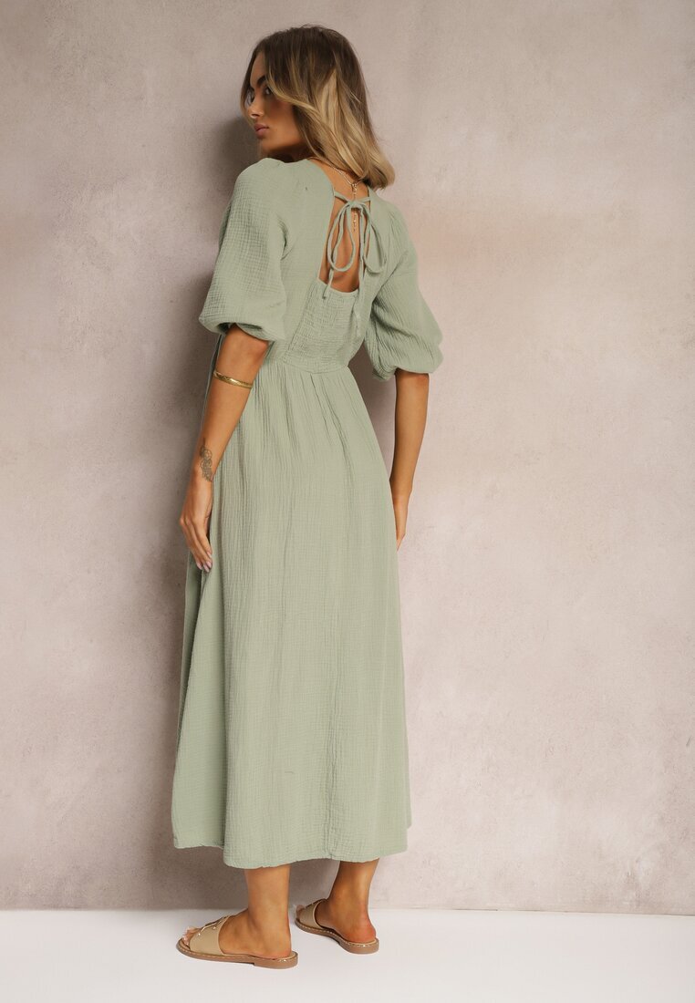 jumelle Rochie Verde închis din bumbac Decorată cu legătură și cu elastic în talie Wlarina