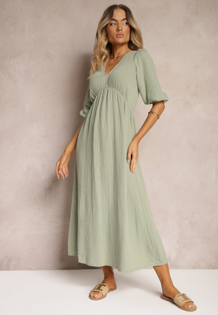 jumelle Rochie Verde închis din bumbac Decorată cu legătură și cu elastic în talie Wlarina