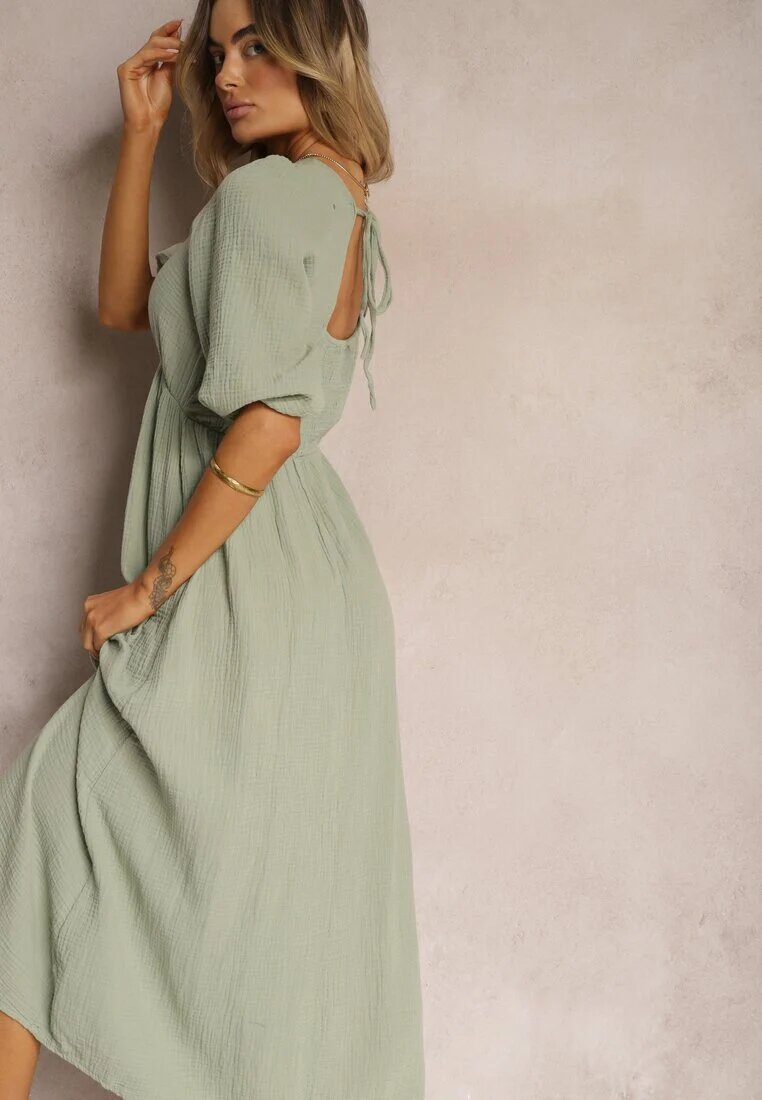 jumelle Rochie Verde închis din bumbac Decorată cu legătură și cu elastic în talie Wlarina
