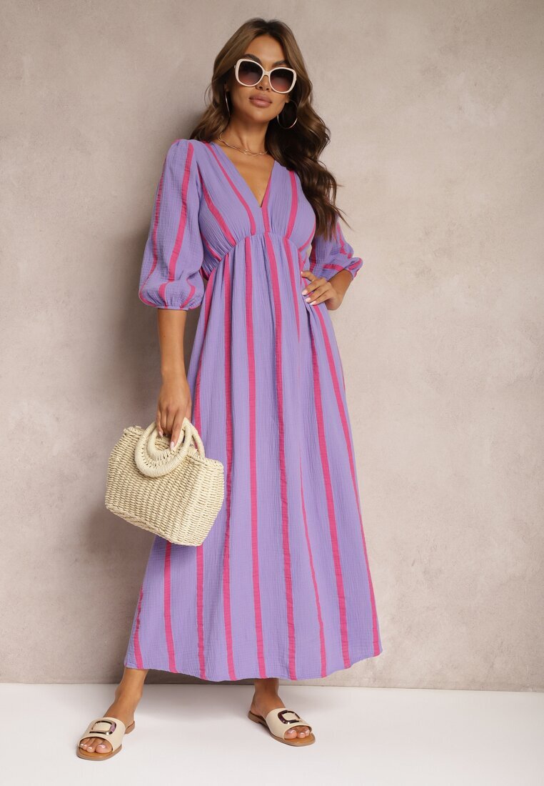 jumelle Rochie violet din bumbac cu dungi și croială evazată Legelia