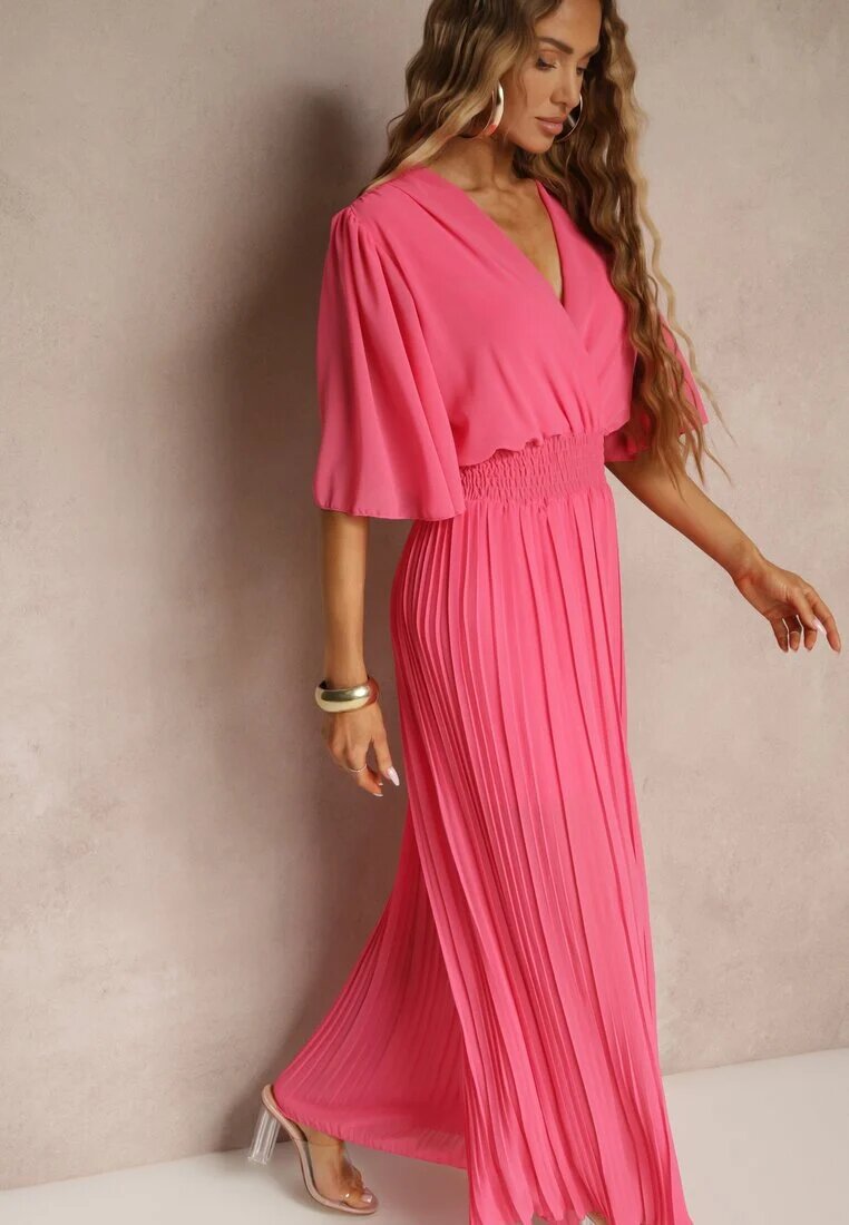 jumelle Salopetă Fucsia cu Decolteu Petrecut și Talie Elastică Decorată cu Pliuri Amadle