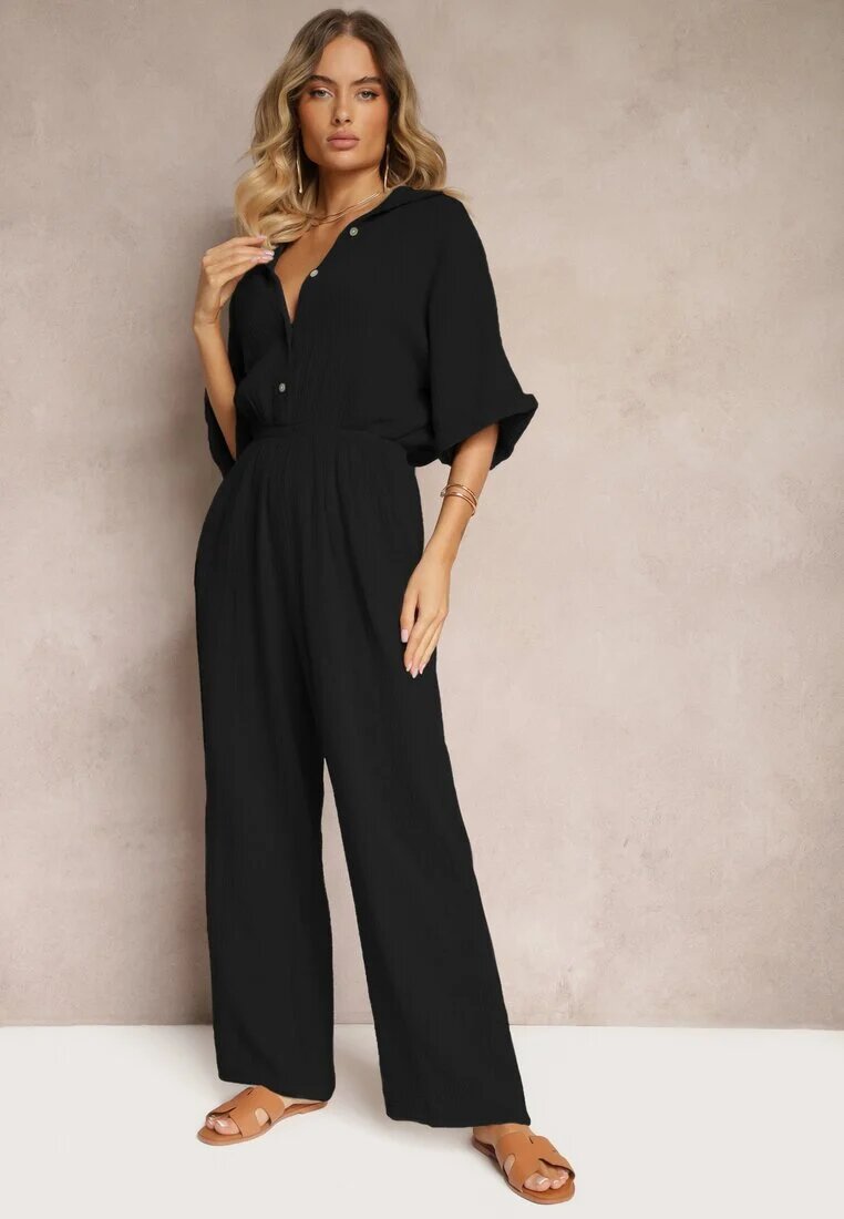 jumelle Salopetă Taliată Neagră din Bumbac Top Tip Cămașă și Pantaloni Largi Namsorin