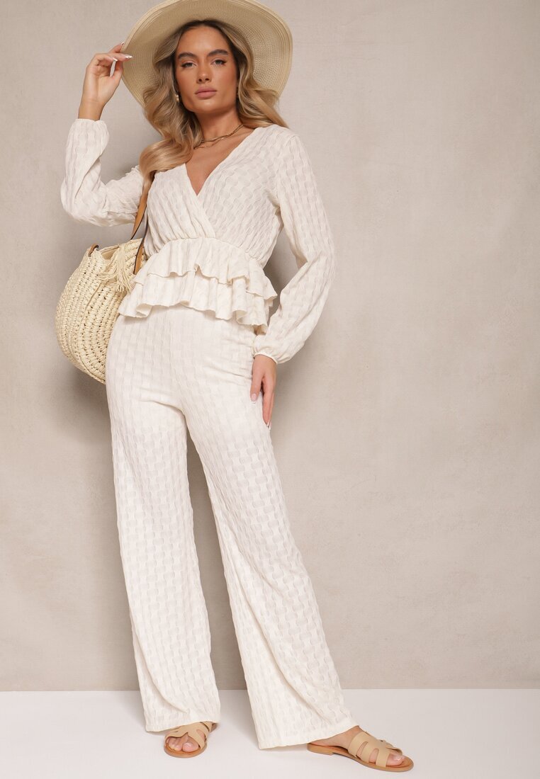 jumelle Set Bej cu textură Bluză cu Volane și Pantaloni Largi Kilinne