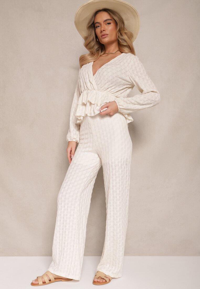 jumelle Set Bej cu textură Bluză cu Volane și Pantaloni Largi Kilinne