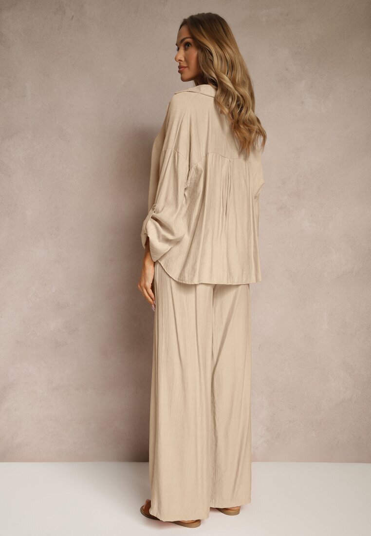 jumelle Set bej deschis din viscoză stil oversize pantaloni largi și cămașă lejeră cu nasturi Natinne