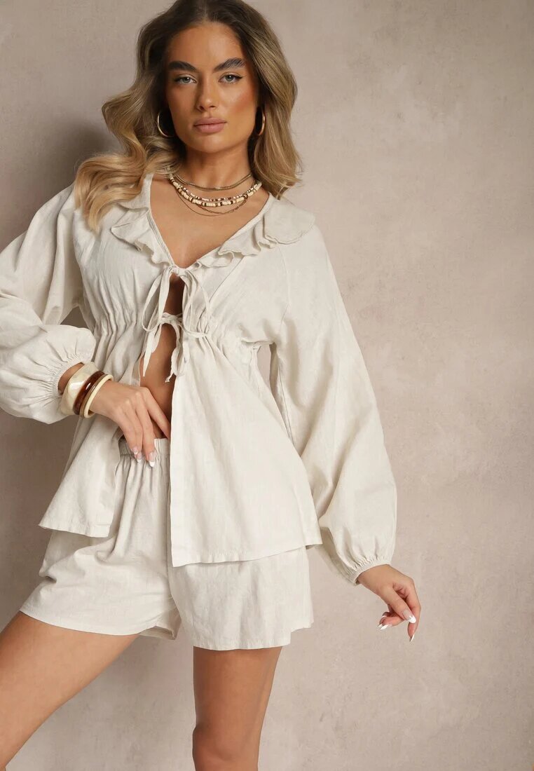 jumelle Set Bej din In Pantaloni scurți și Bluză cu Legătură și Volan Mirovenia