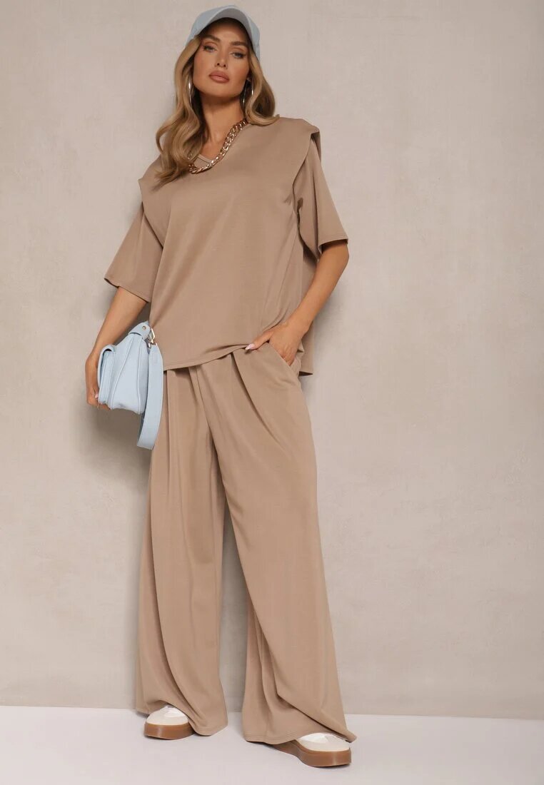 jumelle Set Bej din Viscoză Tricou cu decolteu în V și Pantaloni cu croială largă Zevline