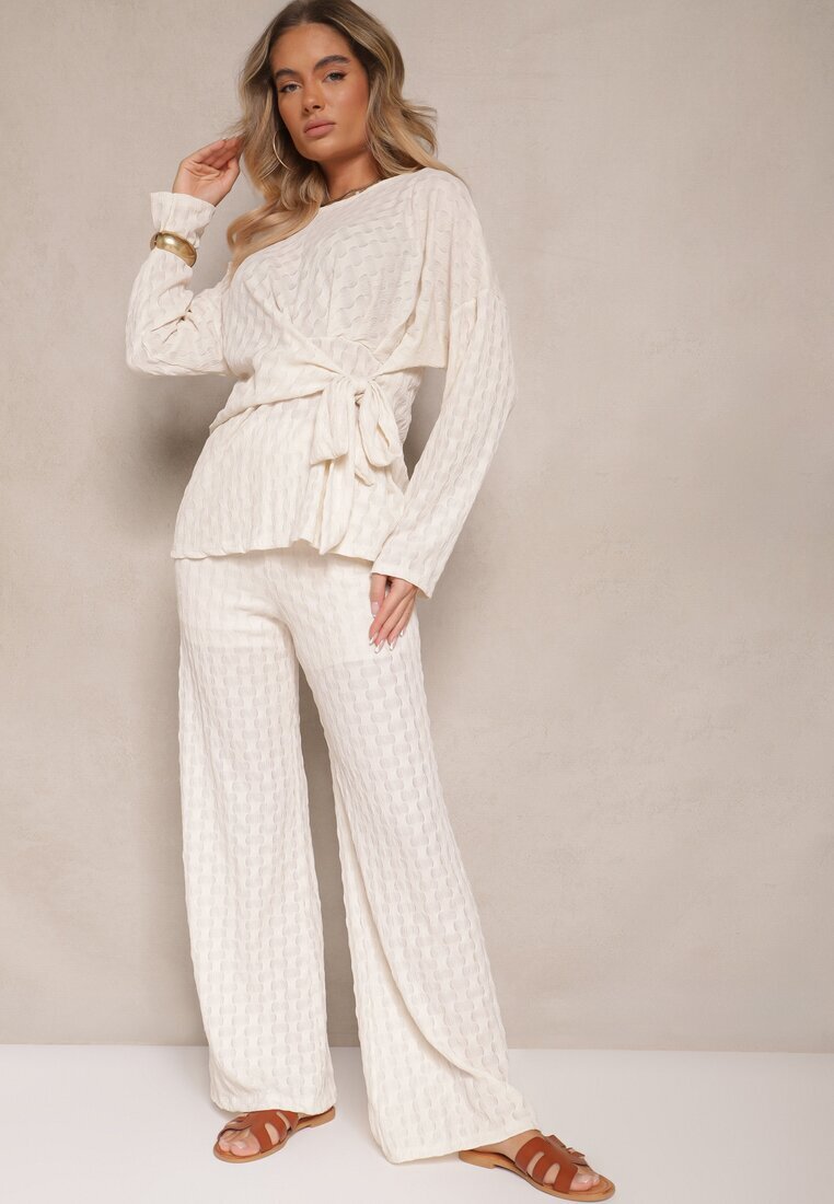 jumelle Set Bej Pantaloni cu croială largă și Bluză cu legătură în talie Dilinne