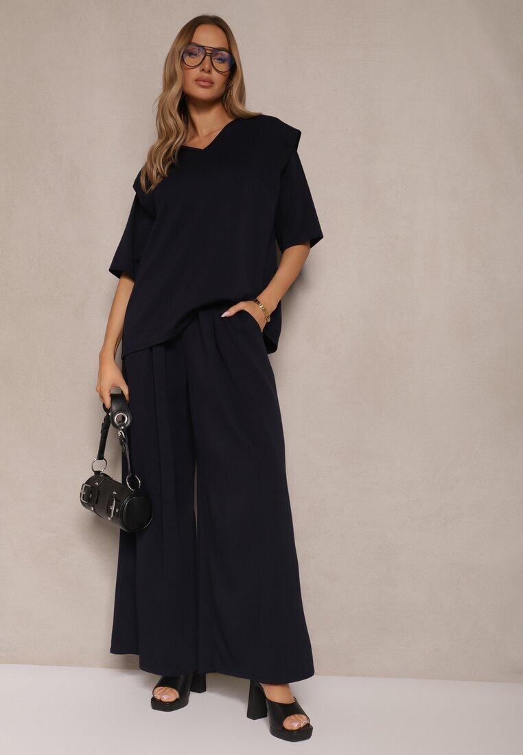 jumelle Set Bleumarin din Viscoză Tricou cu Decolteu în V și Pantaloni Croi Larg Zevline