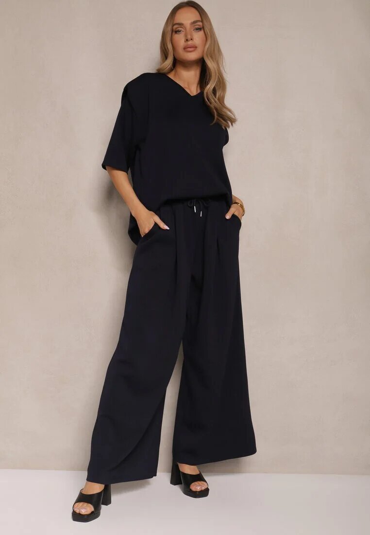 jumelle Set Bleumarin din Viscoză Tricou cu Decolteu în V și Pantaloni Croi Larg Zevline