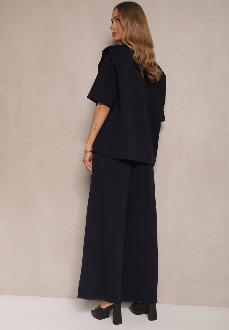 jumelle Set Bleumarin din Viscoză Tricou cu Decolteu în V și Pantaloni Croi Larg Zevline