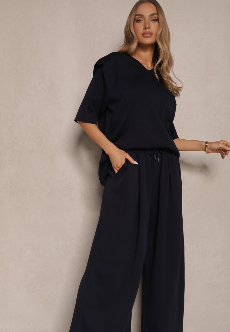 jumelle Set Bleumarin din Viscoză Tricou cu Decolteu în V și Pantaloni Croi Larg Zevline