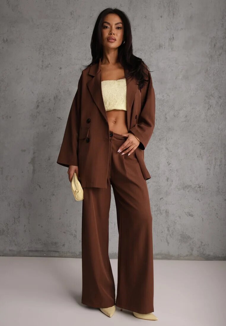 jumelle Set Costum Maro Oversize Sacou la două rânduri de nasturi și Pantaloni Wide Leg Tevilna