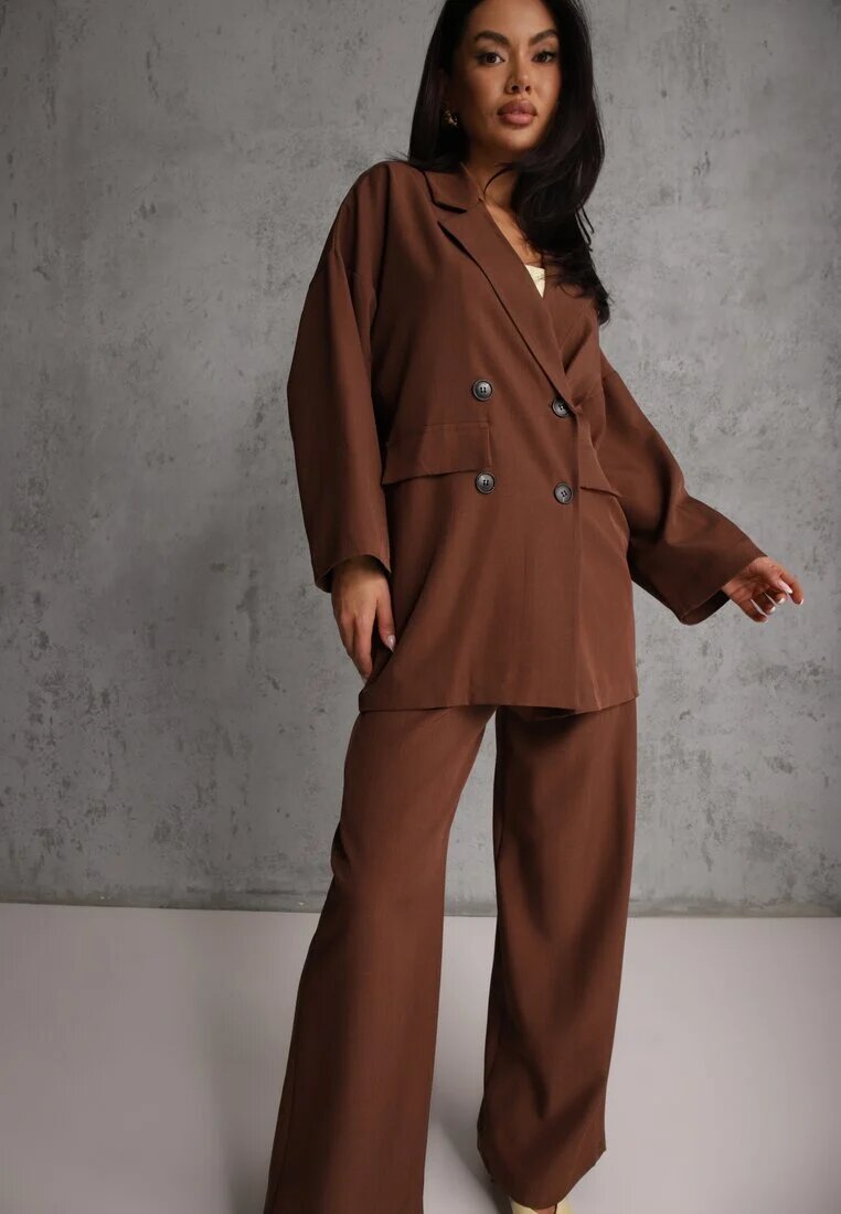 jumelle Set Costum Maro Oversize Sacou la două rânduri de nasturi și Pantaloni Wide Leg Tevilna