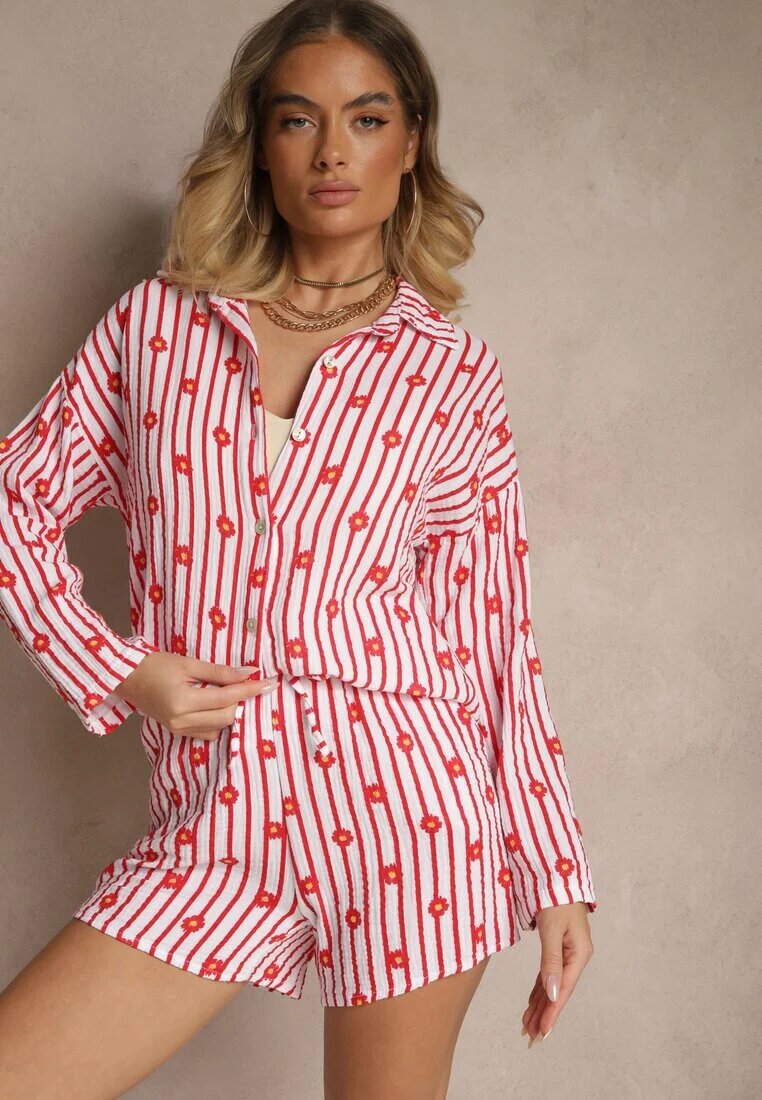 jumelle Set de muselină roșu din bumbac Cămașă și Pantaloni scurți cu model în dungi și flori Sellimi