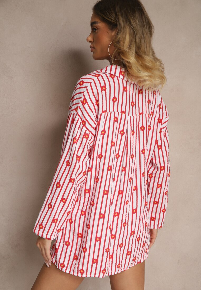 jumelle Set de muselină roșu din bumbac Cămașă și Pantaloni scurți cu model în dungi și flori Sellimi