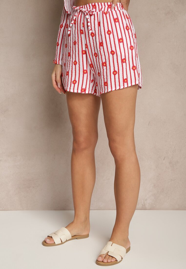 jumelle Set de muselină roșu din bumbac Cămașă și Pantaloni scurți cu model în dungi și flori Sellimi
