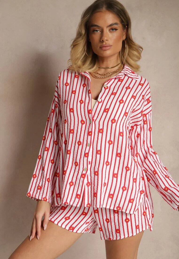jumelle Set de muselină roșu din bumbac Cămașă și Pantaloni scurți cu model în dungi și flori Sellimi