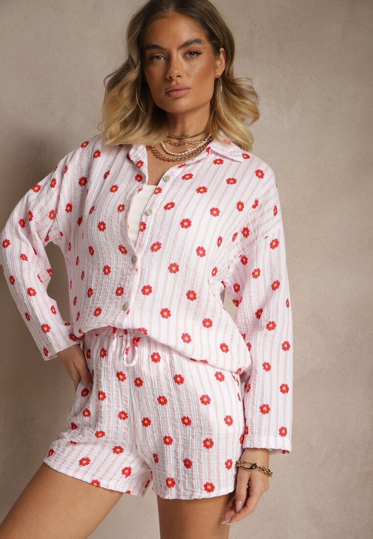 jumelle Set De muselină Roz din bumbac Cămașă și Pantaloni scurți cu model în dungi și flori Sellimi