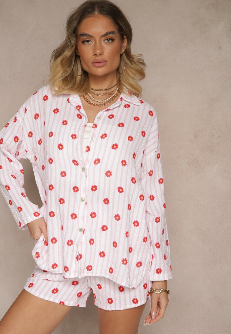 jumelle Set De muselină Roz din bumbac Cămașă și Pantaloni scurți cu model în dungi și flori Sellimi