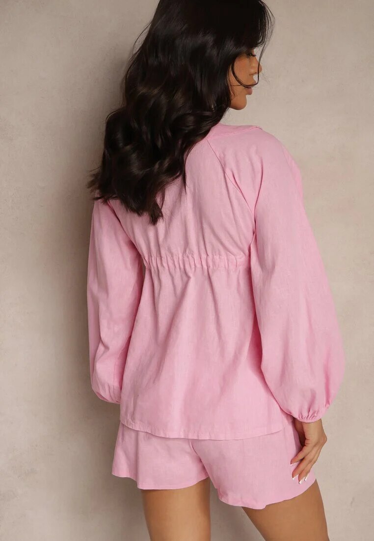 jumelle Set Fucsia din In Pantaloni scurți și Bluză cu Legătură și Volan Mirovenia