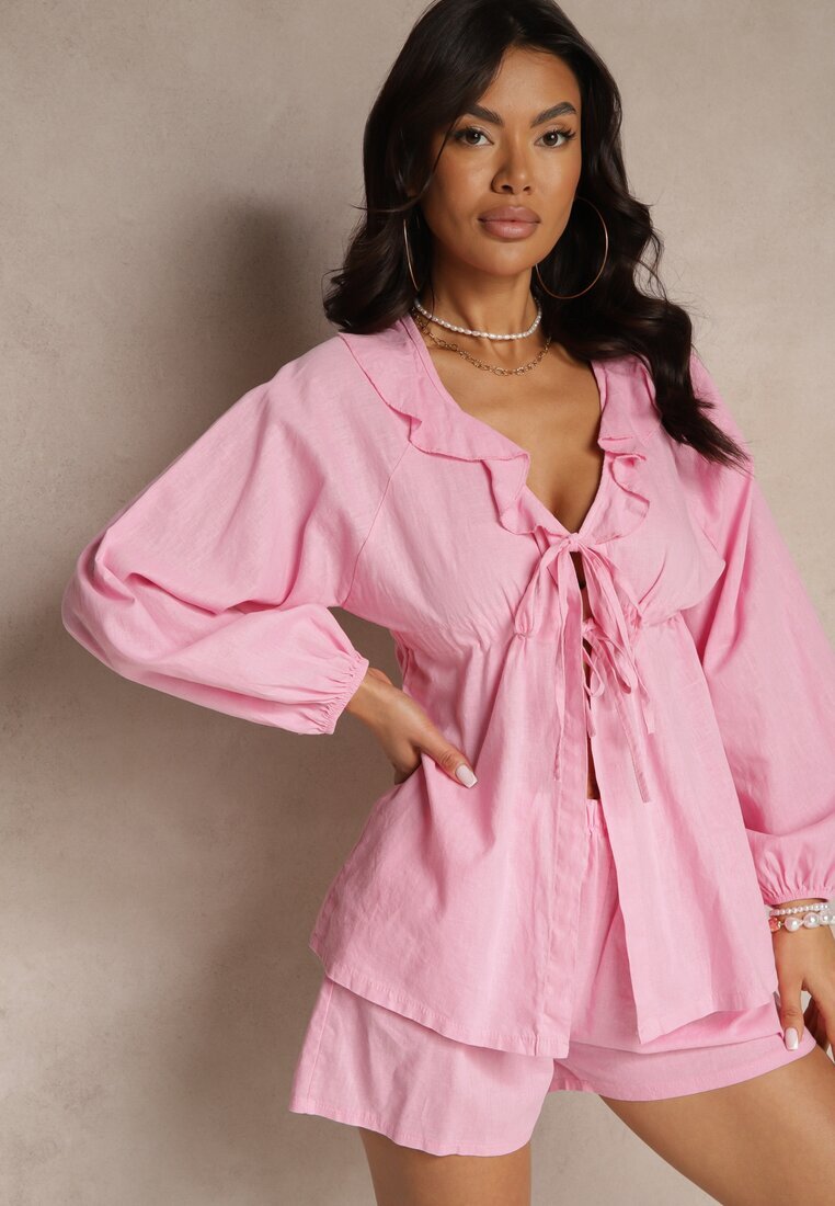 jumelle Set Fucsia din In Pantaloni scurți și Bluză cu Legătură și Volan Mirovenia