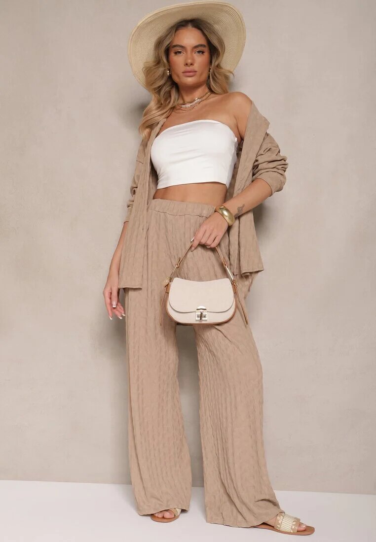 jumelle Set Maro deschis din Material Texturat Cămașă Oversize și Pantaloni Taccaria