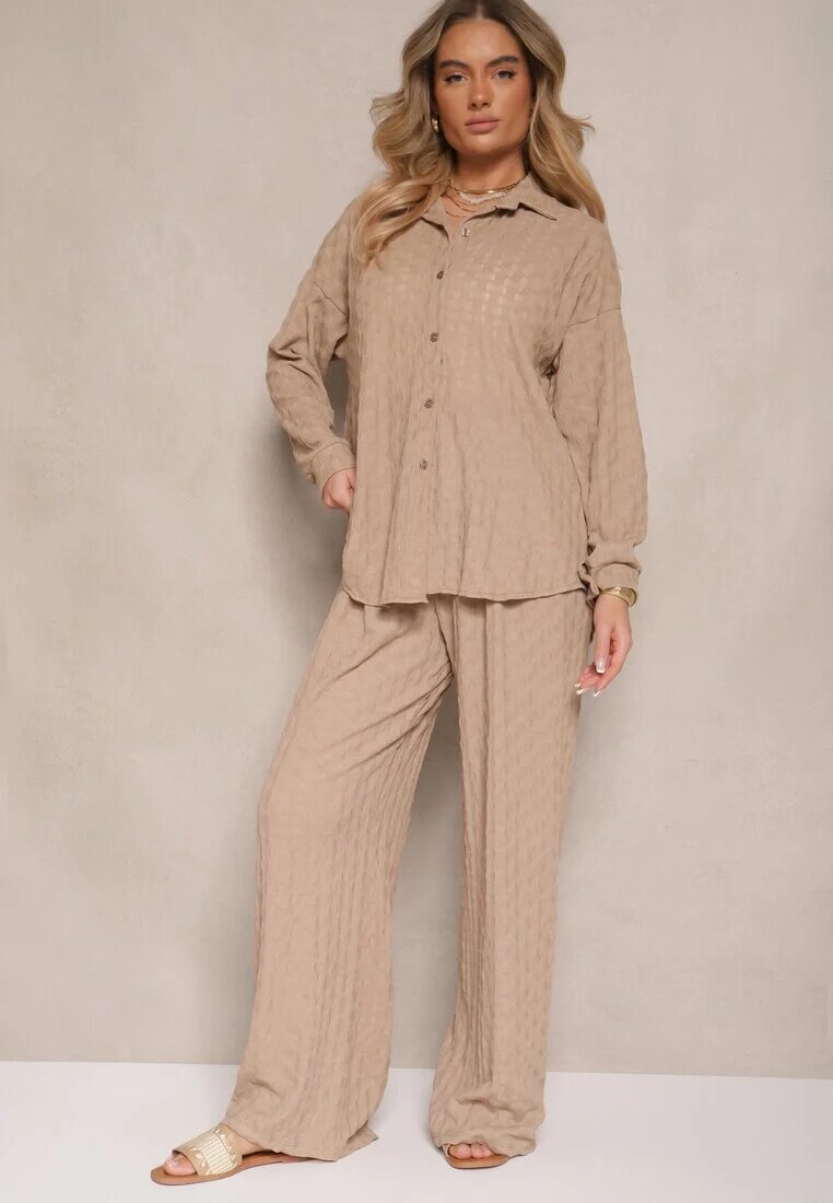jumelle Set Maro deschis din Material Texturat Cămașă Oversize și Pantaloni Taccaria