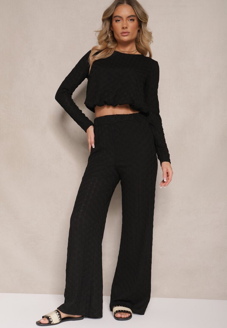 jumelle Set Negru cu Imprimeu în relief Pantaloni Largi și Bluză cu Croială Tip Balon Frolloti
