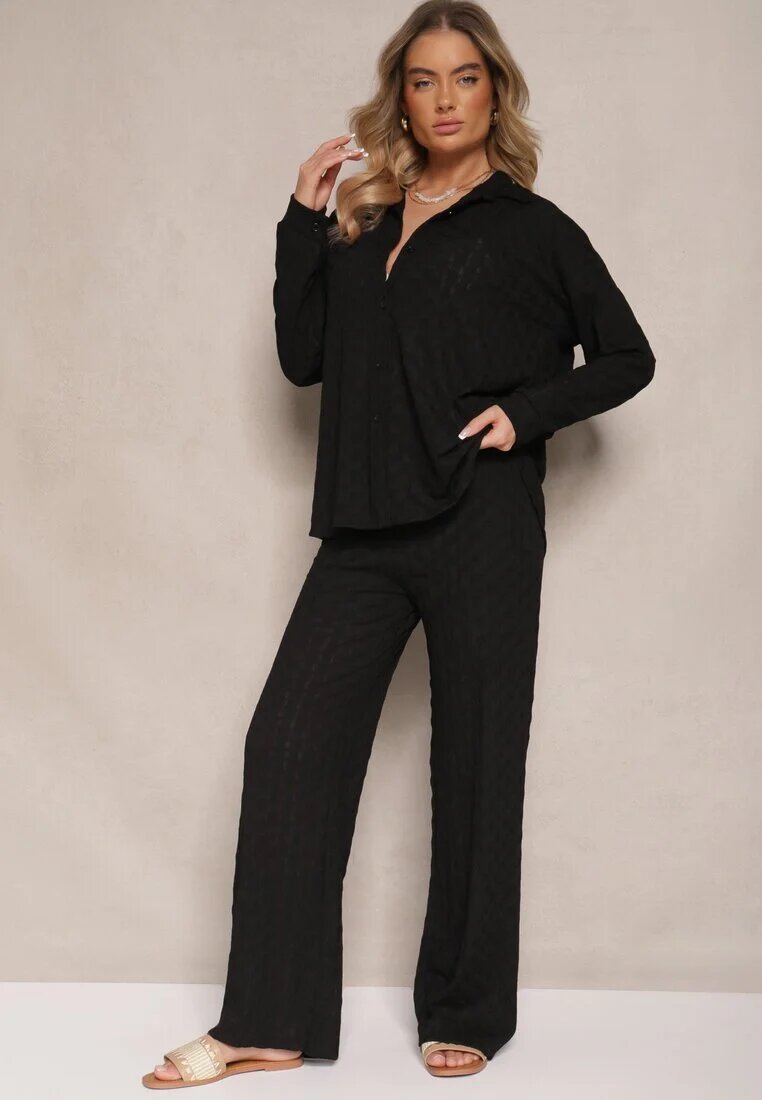 jumelle Set negru din Material Embosat Cămașă Oversize și Pantaloni Taccaria