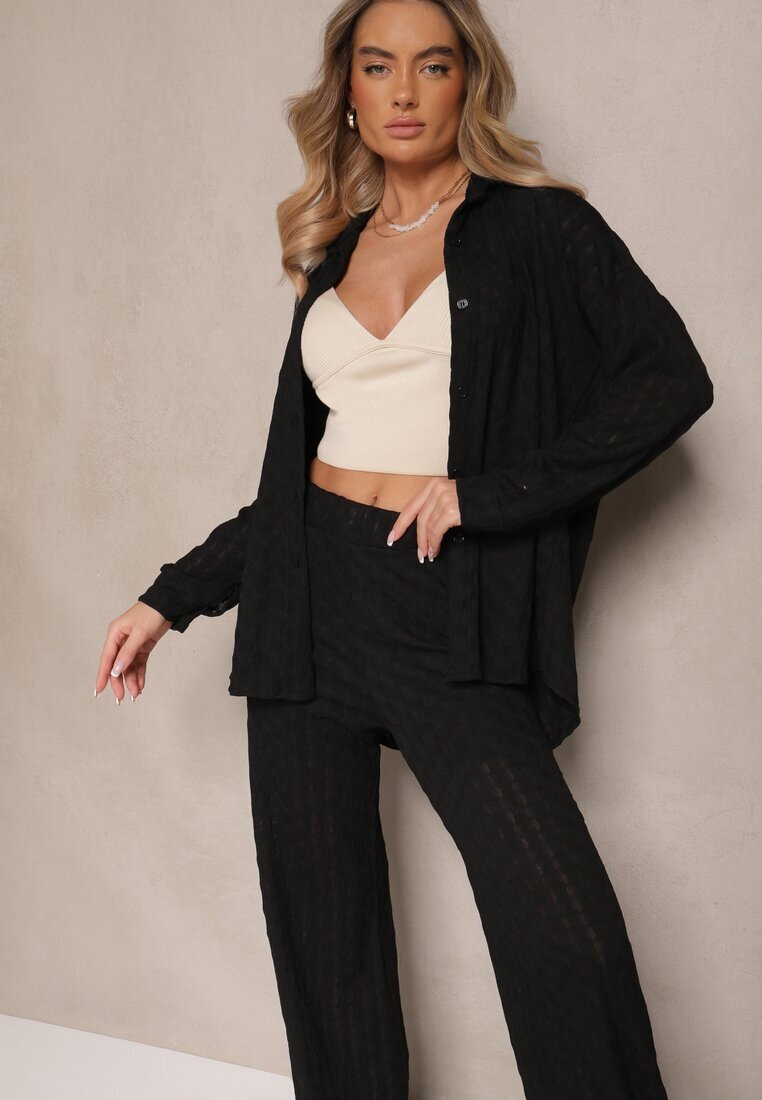 jumelle Set negru din Material Embosat Cămașă Oversize și Pantaloni Taccaria