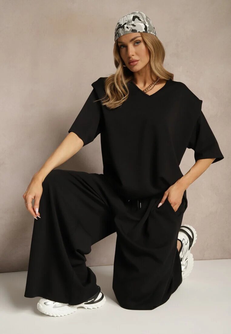 jumelle Set Negru din Vâscoză Tricou cu Decolteu în V și Pantaloni Croi Larg Zevline