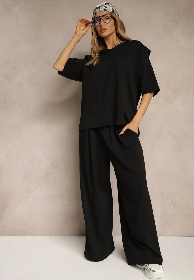 jumelle Set Negru din Vâscoză Tricou cu Decolteu în V și Pantaloni Croi Larg Zevline