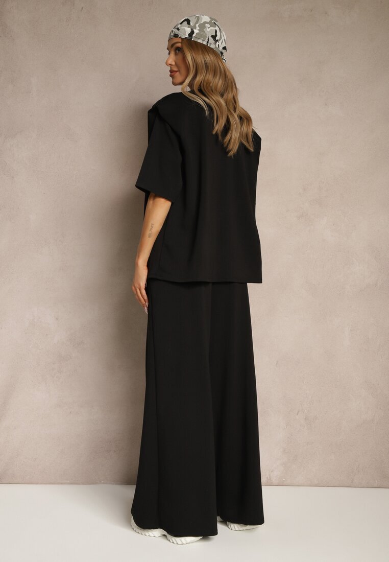 jumelle Set Negru din Vâscoză Tricou cu Decolteu în V și Pantaloni Croi Larg Zevline