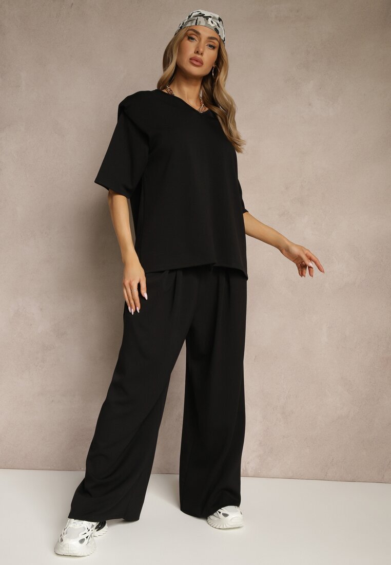 jumelle Set Negru din Vâscoză Tricou cu Decolteu în V și Pantaloni Croi Larg Zevline