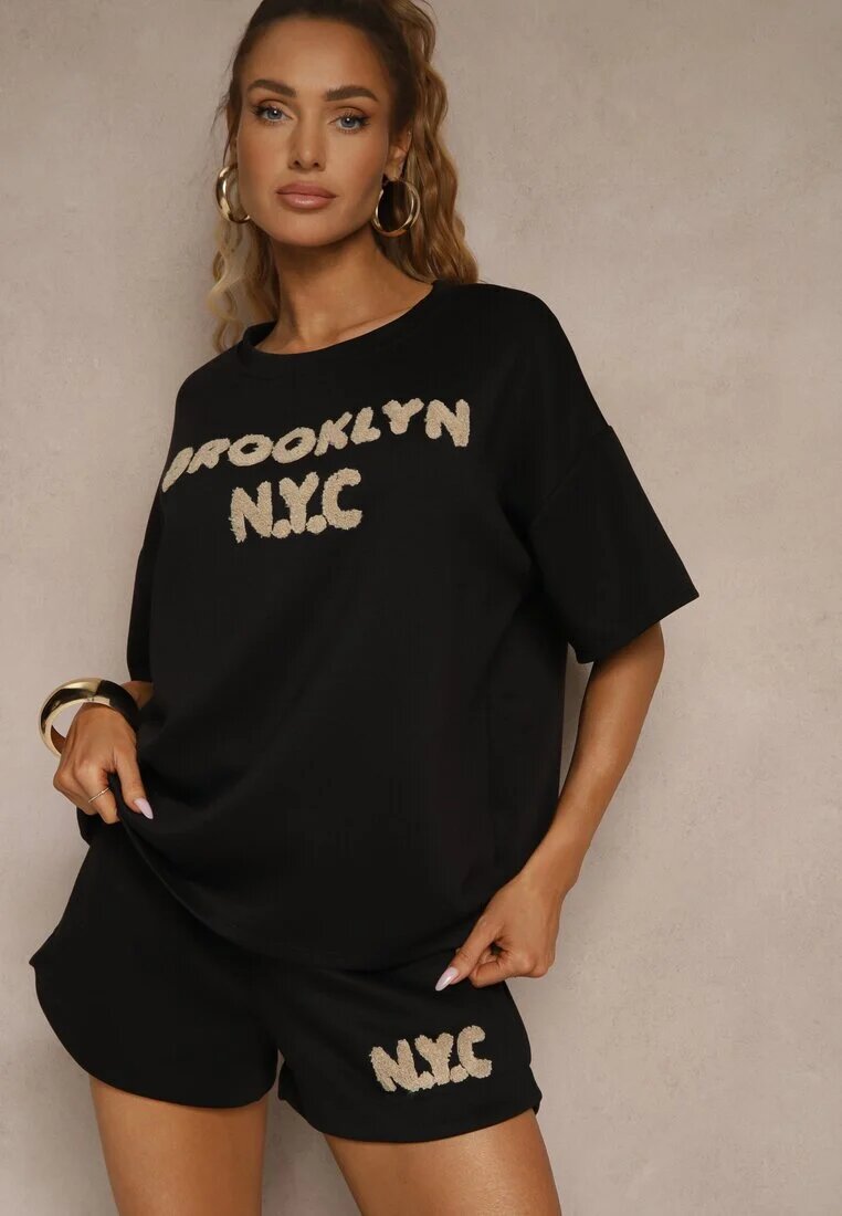 jumelle Set Negru din Viscoză cu croială Oversize T-shirt și Pantaloni scurți Lirafina