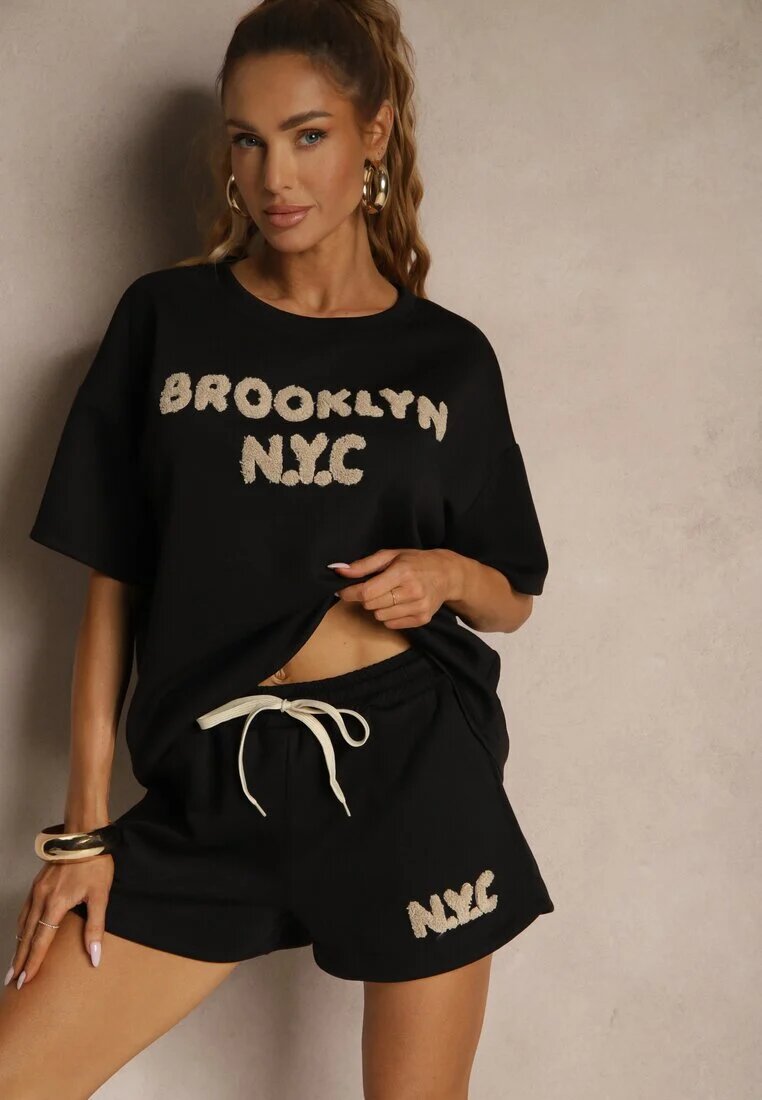 jumelle Set Negru din Viscoză cu croială Oversize T-shirt și Pantaloni scurți Lirafina