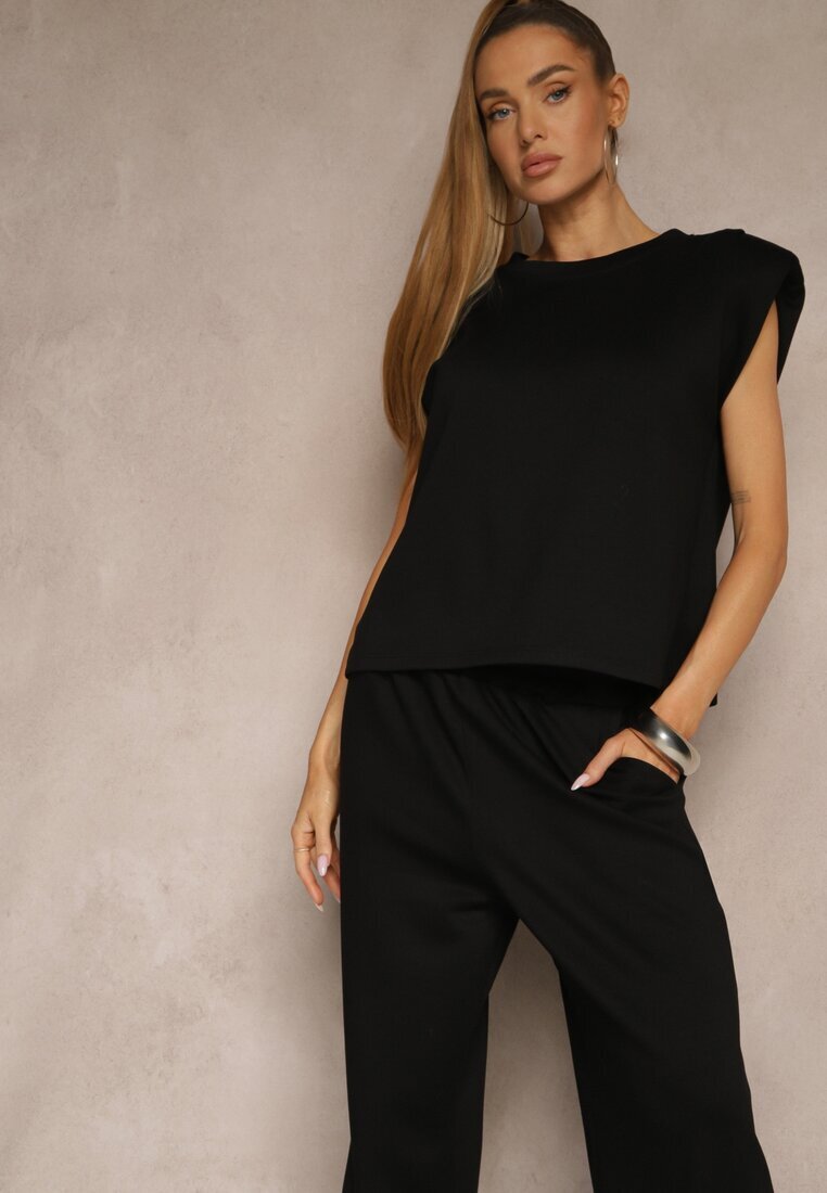 jumelle Set Negru din Viscoză Pantaloni Lărgi și Bluză cu Umeri Întăriți Neidra