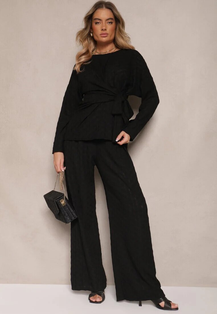 jumelle Set Negru Pantaloni cu croială largă și Bluză cu legătură în talie Dilinne