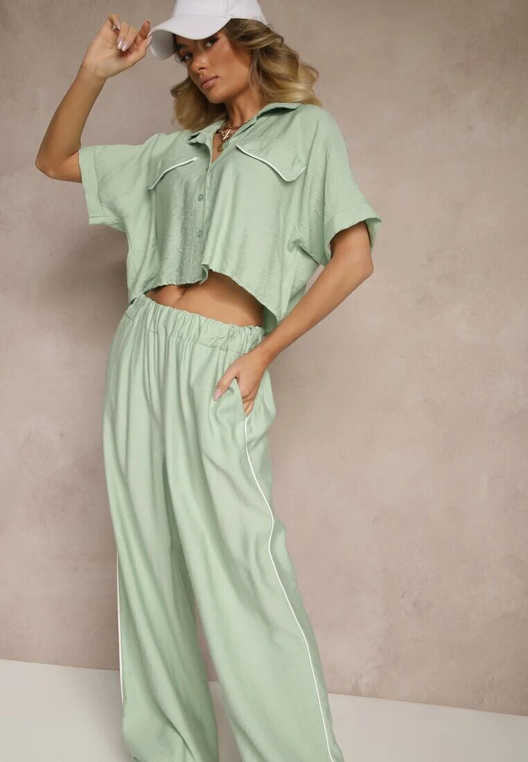 jumelle Set Verde deschis din Viscoză Cămașă cu croi scurt și Pantaloni largi Daviriana