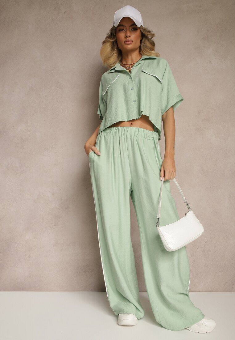 jumelle Set Verde deschis din Viscoză Cămașă cu croi scurt și Pantaloni largi Daviriana