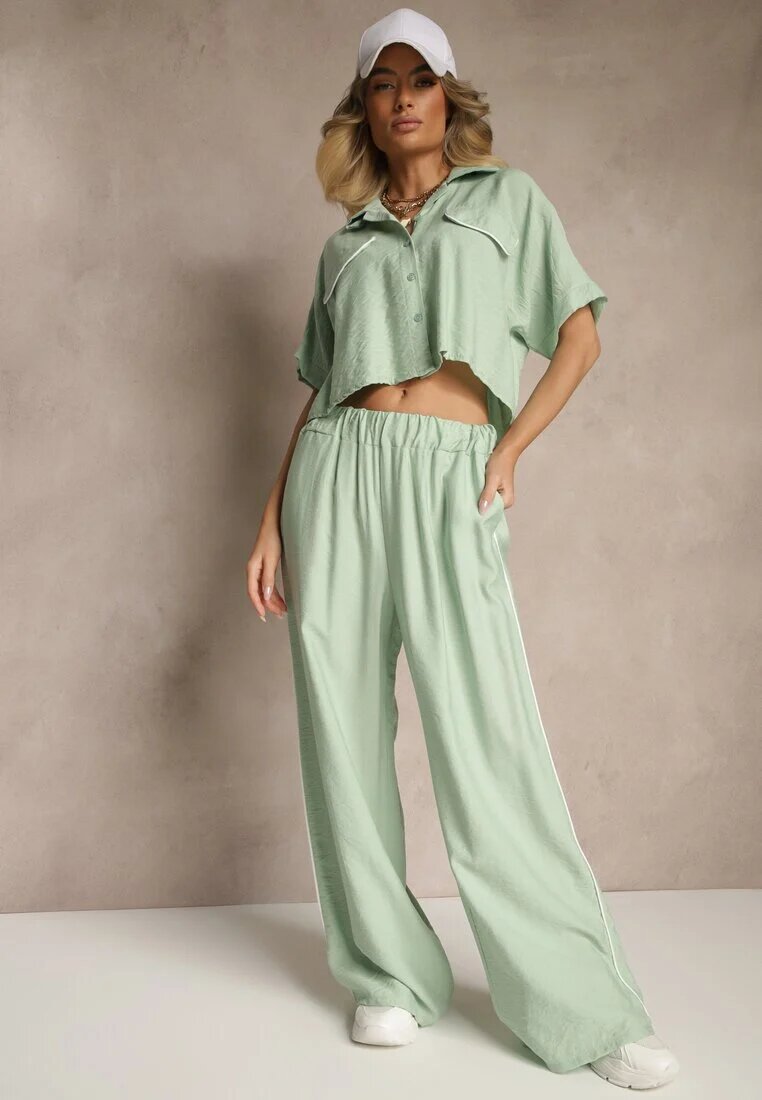jumelle Set Verde deschis din Viscoză Cămașă cu croi scurt și Pantaloni largi Daviriana