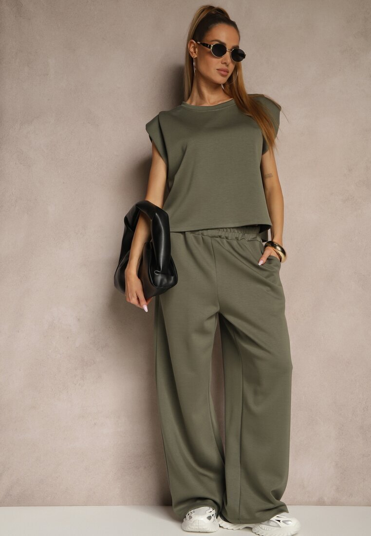 jumelle Set Verde din Viscoză Pantaloni Largi și Tricou cu Umeri Întăriți Neidra