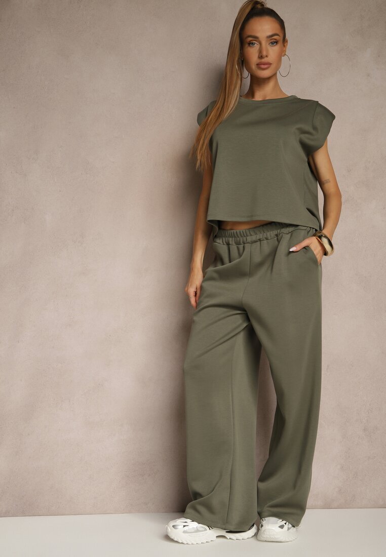 jumelle Set Verde din Viscoză Pantaloni Largi și Tricou cu Umeri Întăriți Neidra