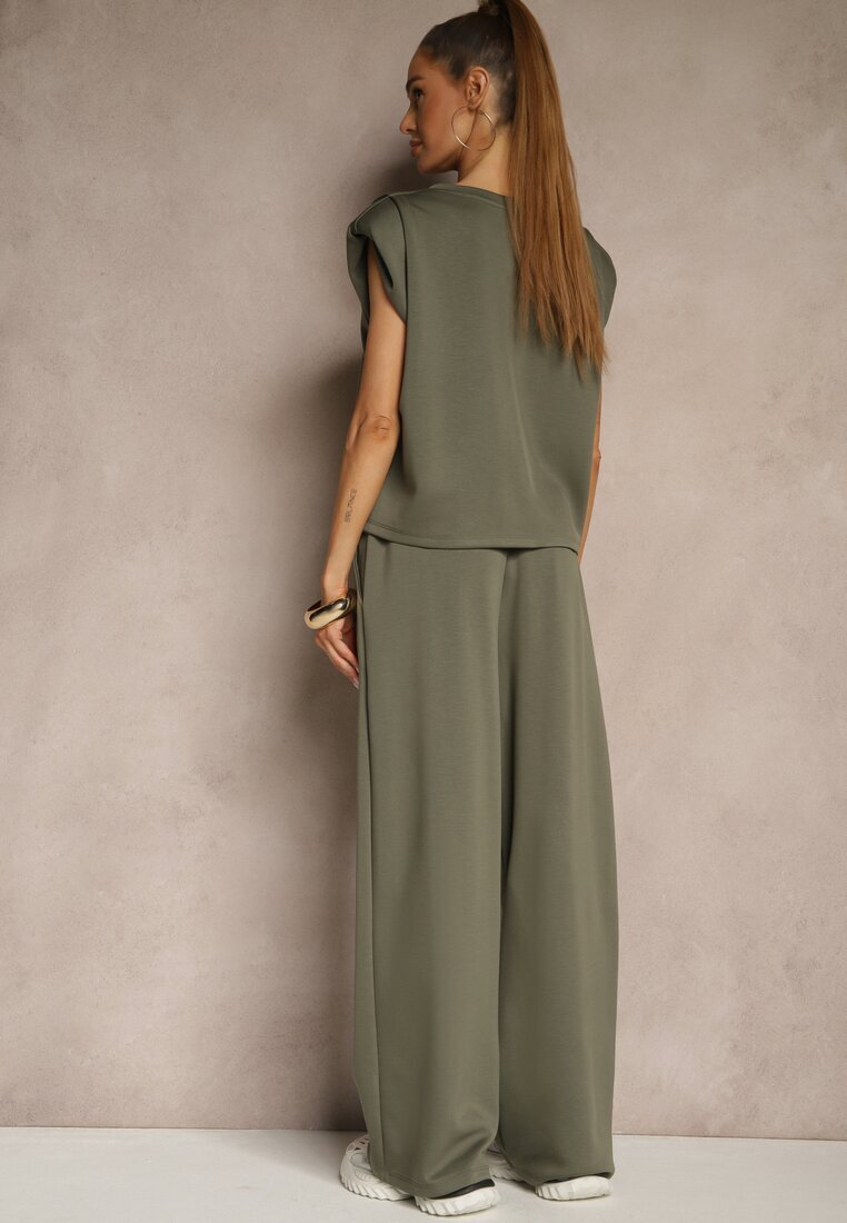 jumelle Set Verde din Viscoză Pantaloni Largi și Tricou cu Umeri Întăriți Neidra