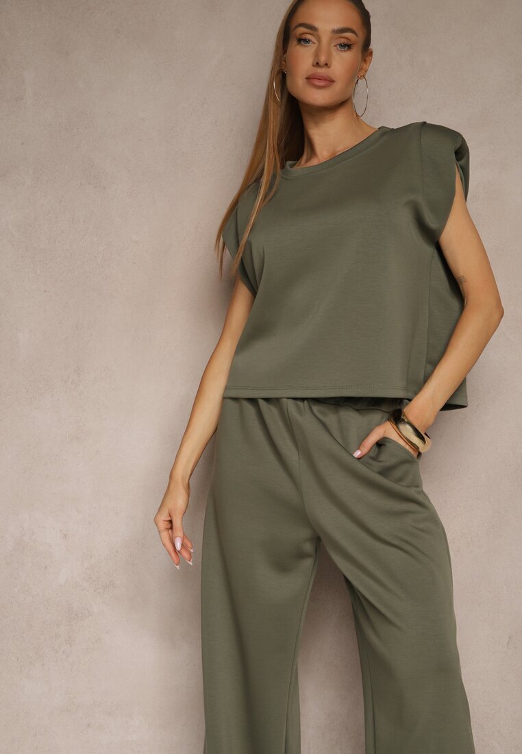 jumelle Set Verde din Viscoză Pantaloni Largi și Tricou cu Umeri Întăriți Neidra